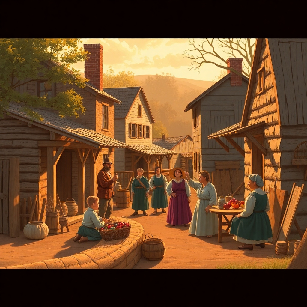 Design a scene representing colonial life in early America, with settlers building homes and engaging in community activities. The setting should exude warmth with golden hour sunlight and natural materials. Use a rustic color palette to echo the simplicity of life during that time.