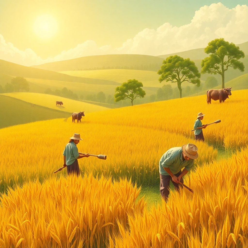 Design an idyllic scene depicting the Agricultural Revolution, with lush fields being harvested by early farmers. The sunlight should illuminate the golden crops and the farmers should be working with simple tools, surrounded by nature. Emphasize tranquility and the harmony between humans and earth.