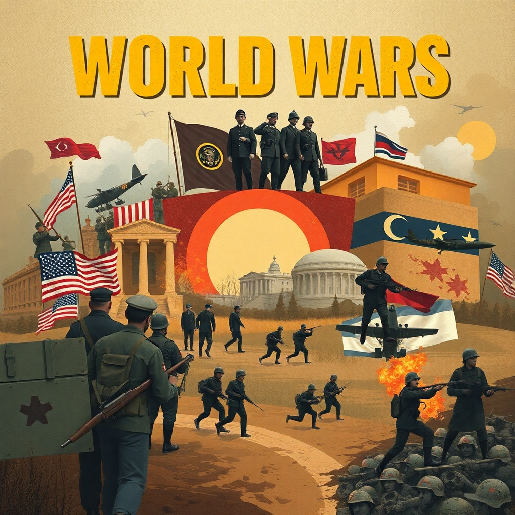 Illustrate a compelling montage representing the impact of World Wars with soldiers, peace treaties, and significant battles. The colors should be a mix of somber and hopeful tones, showing the contrast between war and peace. Use a collage style for a storytelling effect.