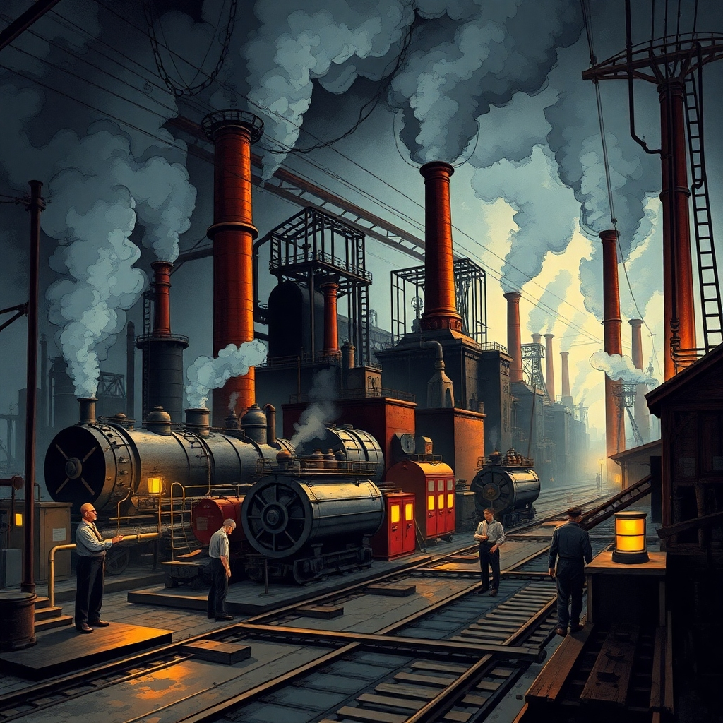 Illustrate a dynamic scene from the Industrial Revolution, featuring steam engines, factories, and workers. The intensity of the industrious environment should be captured in dark, dramatic colors, with steam and smoke to emphasize the transformation of society. Wide-angle perspective to capture the enormity of industry.