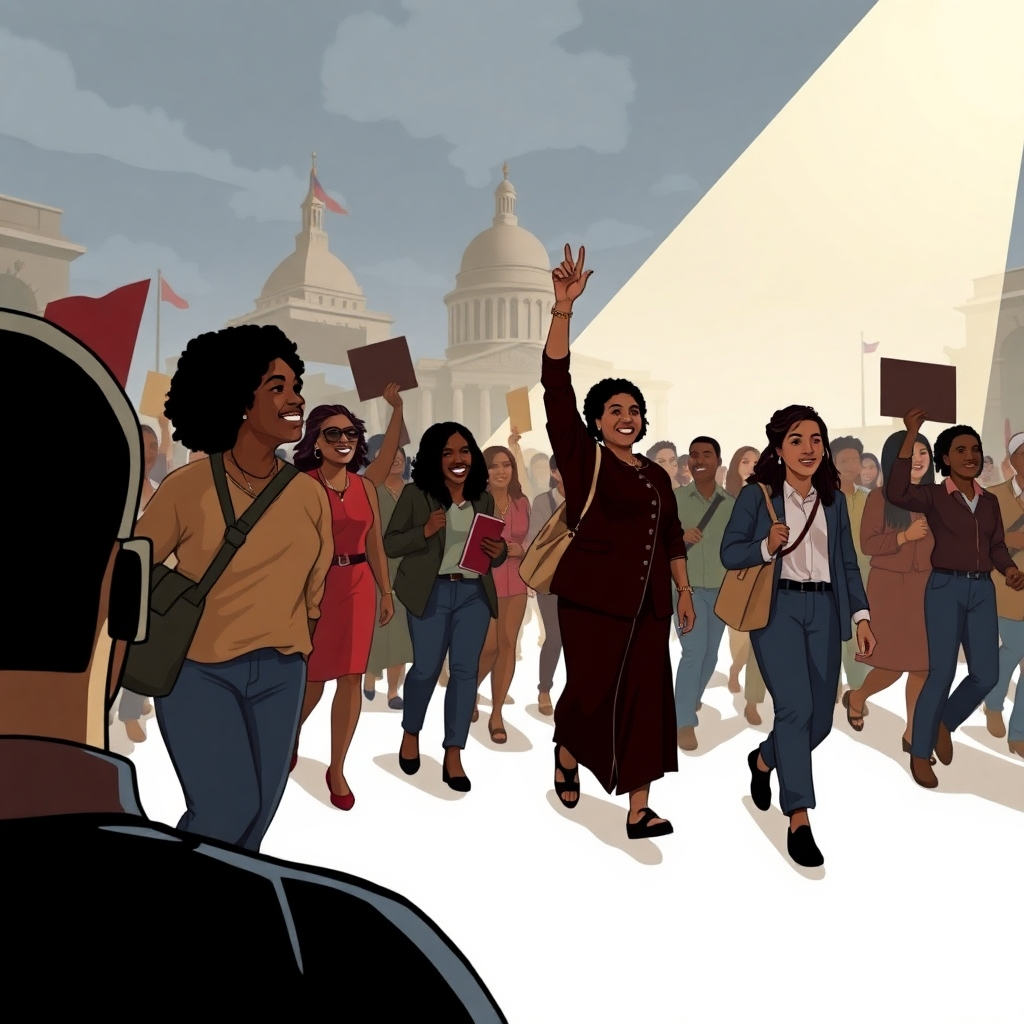 Illustrate a powerful moment from the Civil Rights Movement, showcasing individuals marching together for justice. Use a dramatic lighting effect to evoke strong emotions, with an emphasis on unity and determination. The backdrop should feature iconic symbols of the movement and historical architecture.