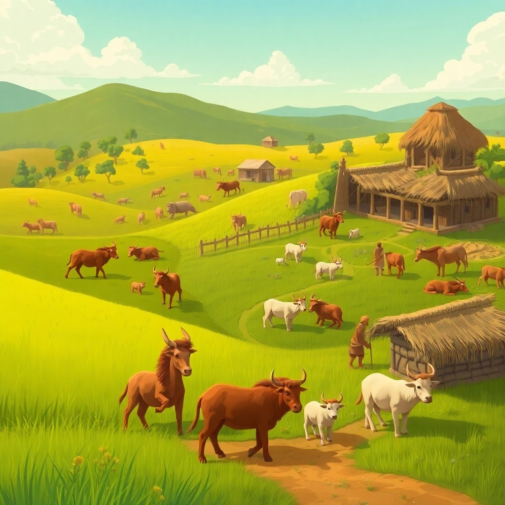 Illustrate a vibrant scene of early civilizations transitioning from nomadic herders to settled agriculturalists. The image should depict lush green fields, farmers working with animals, and homes being constructed. Use soft lighting to evoke a sense of dawn and new beginnings, with earthy tones to connect to nature.