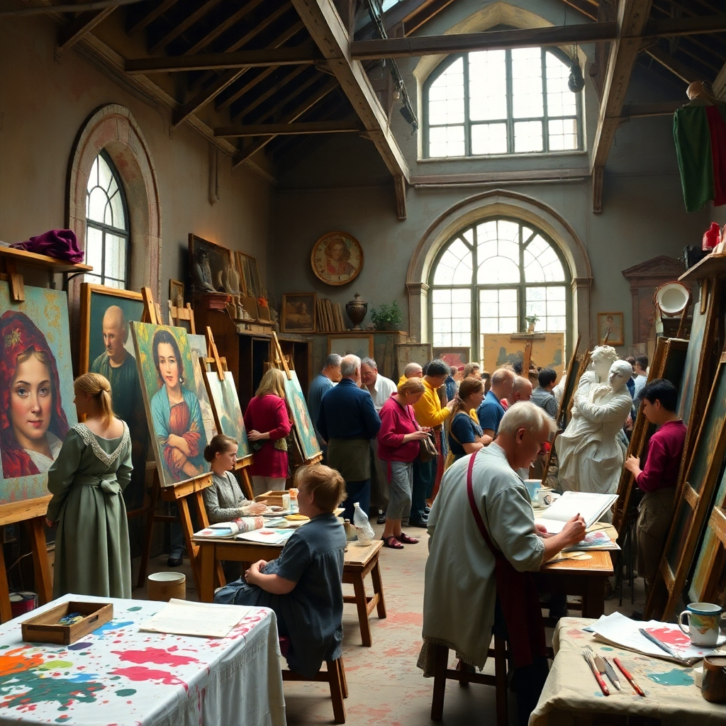 Imagine a bustling Renaissance workshop filled with artists painting, sculpting, and studying. The atmosphere should be vibrant with color splashes from paint and fabrics. Soft, diffuse lighting should highlight the details of the artworks and the expressions of the artists, reinforcing creativity.