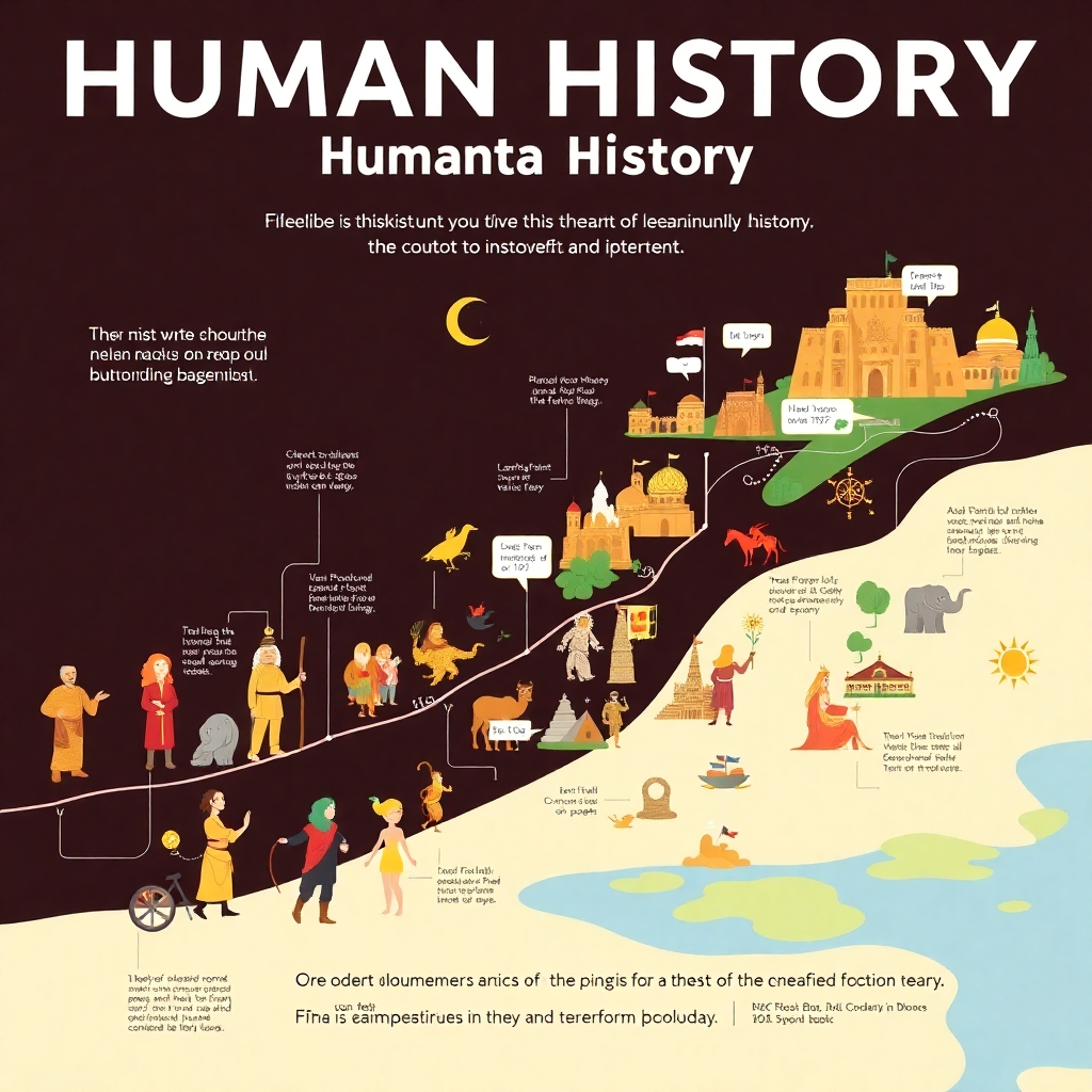 Visualize a stylized timeline of human history, featuring iconic events and figures. The background should fade from dark to light, symbolizing progress through time. Each section would have illustrations of famous historical figures and landmarks, with vibrant colors and an emphasis on storytelling. Use a whimsical style to invite curiosity and interest.
