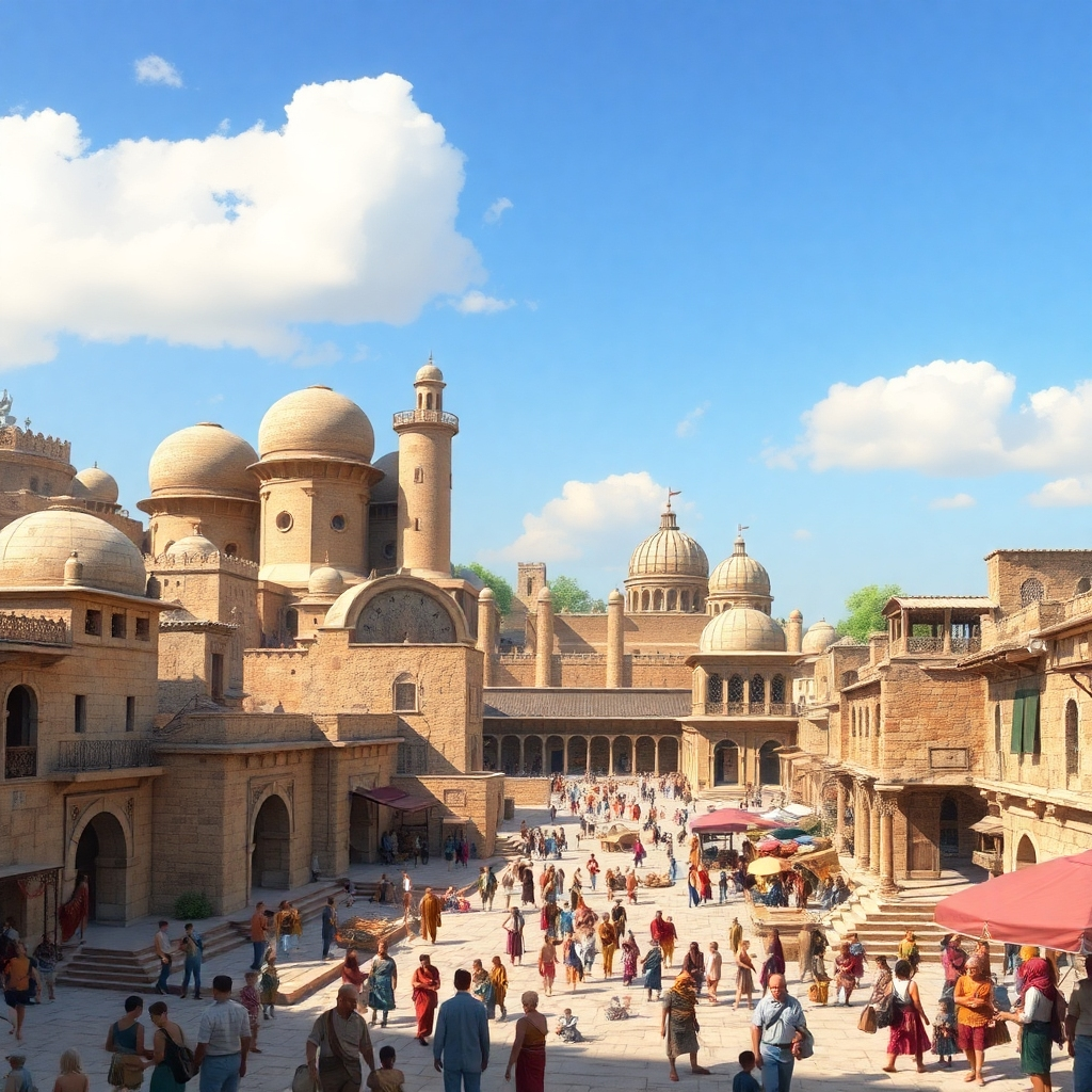 Visualize an ancient city bustling with activity, showcasing notable architecture from various civilizations. The scene should be lively, with people engaged in trade, art, and daily life under a clear blue sky. The texture should highlight stone and wood materials, showing the diversity in construction styles.