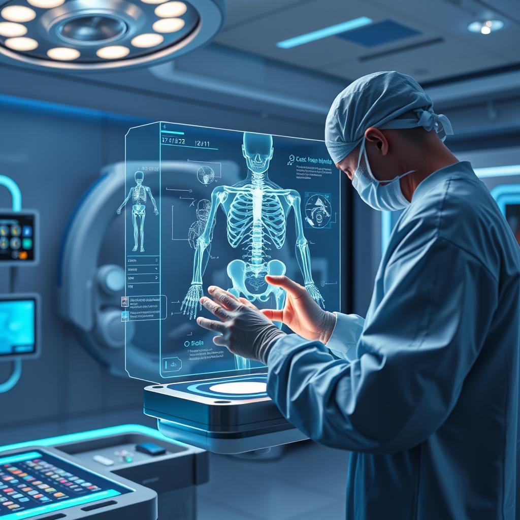 A futuristic and stylized image showcasing advanced medical technology used in orthopaedic surgery. The image should feature a holographic display projecting anatomical structures, with a surgeon interacting with the interface. The lighting should be dramatic and futuristic, emphasizing the technological aspects. The color palette should be cool and modern, with accents of blue and white. The camera angle should be dynamic, capturing the complexity of the technology. Textures should be highly detailed, showcasing the sleek design of the equipment. The environment should feel sterile and innovative. The style should be stylized, aiming for a 4K resolution image that conveys innovation and expertise.