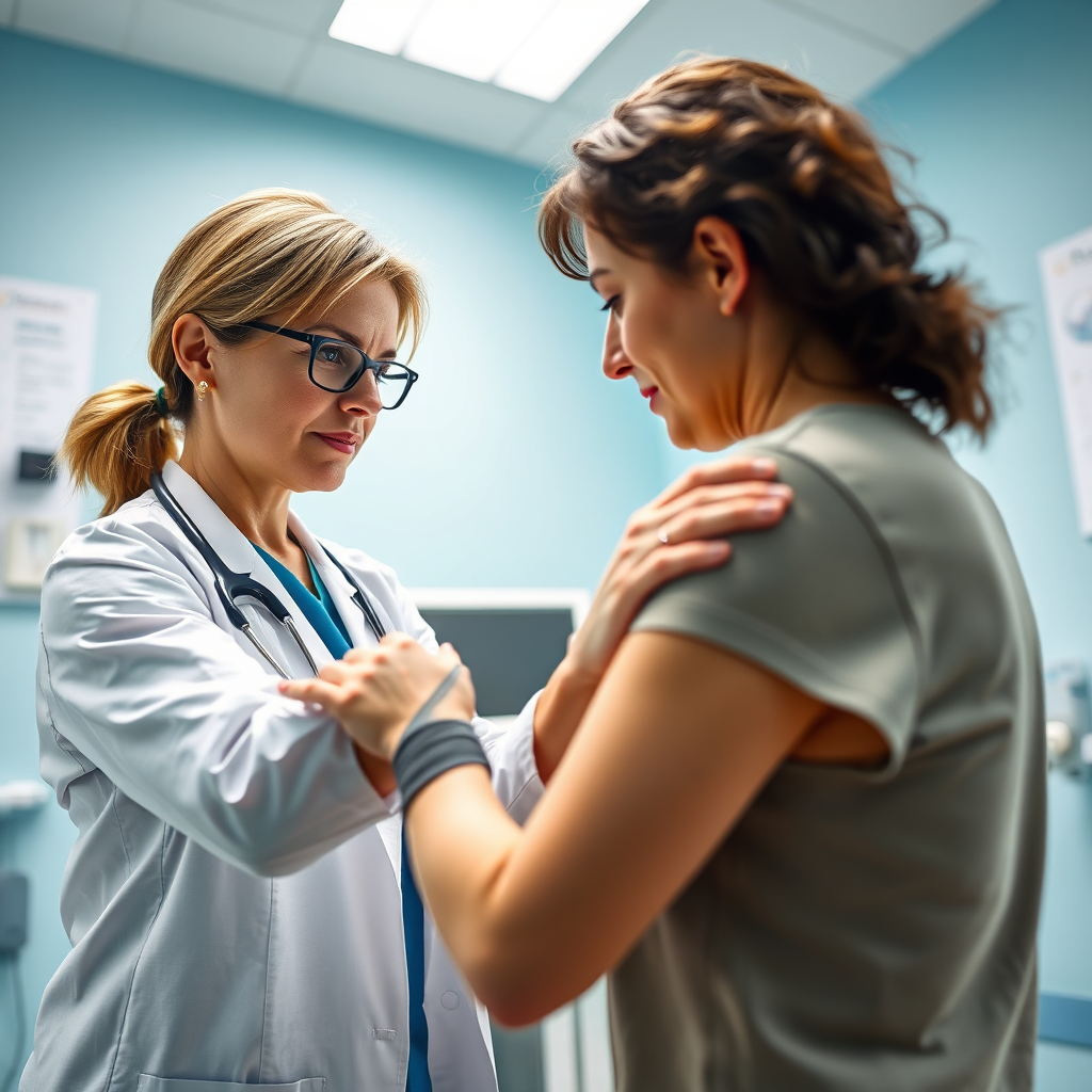 A photorealistic image depicting Dr. Truda performing a physical examination of a patient's shoulder. The focus is on the interaction between the doctor and patient, emphasizing the thoroughness of the examination. The lighting is bright and natural, creating a comfortable atmosphere. The color palette is clean and professional, with accents of blue and green. The camera angle should be at eye level, fostering a sense of connection. Textures should be detailed, highlighting the medical equipment and the human touch. The environment should feel safe and supportive. The style should be realistic, aiming for a 4K resolution image.