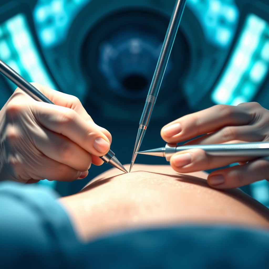 A photorealistic image depicting an arthroscopic surgery in progress. The focus is on the surgeon's hands using the arthroscopic instruments to repair the joint. The lighting should be bright and focused, highlighting the surgical precision. The color palette should be clinical and sterile, with accents of blue and green. The camera angle should be close-up, showcasing the surgical technique. Textures should be detailed, highlighting the surgical instruments and the patient's skin. The environment should feel sterile and technologically advanced. The style should be photorealistic, aiming for a 4K resolution image.