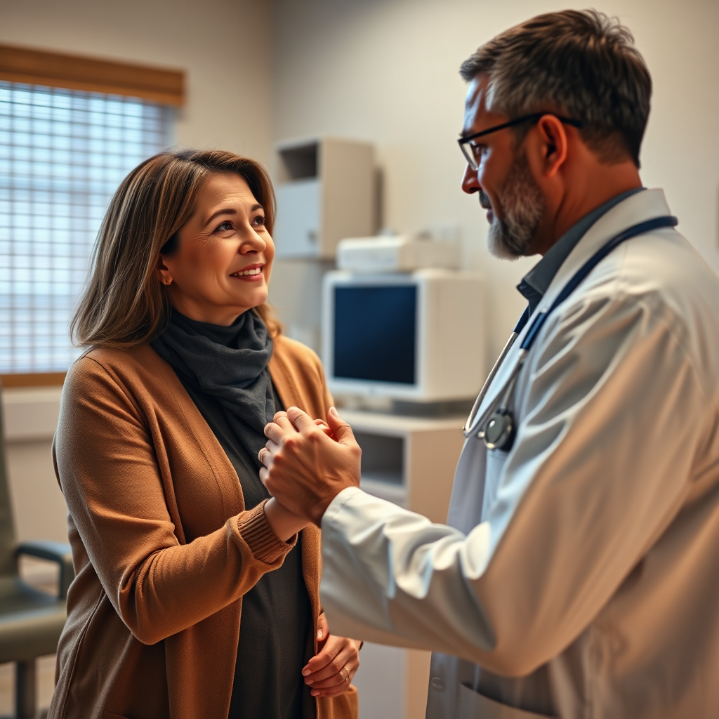 A photorealistic image depicting Dr. Truda holding the hand of a patient, offering comfort and support. The setting is a comforting medical room. Lighting should be gentle, emphasising warmth and concern. The colour pallette should be warm with highlights of gentle blues and greens. The camera angle should highlight the bond between doctor and patient. 4k resolution.