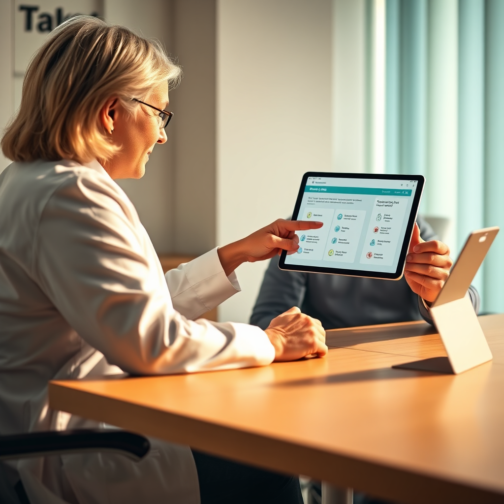A photorealistic image depicting Dr. Truda reviewing a personalized care plan with a patient. Both are seated at a desk, with the care plan visible on a tablet. Dr. Truda is pointing to specific details on the screen, explaining the treatment options. The lighting is warm and inviting, creating a sense of collaboration. The color palette should include soft, neutral tones with accents of green and blue. The camera angle should be at eye level, fostering a sense of connection. Textures should be detailed, highlighting the professional environment and the human connection between doctor and patient. The environment should feel supportive and focused on patient care. The style should be realistic, aiming for a 4K resolution image.