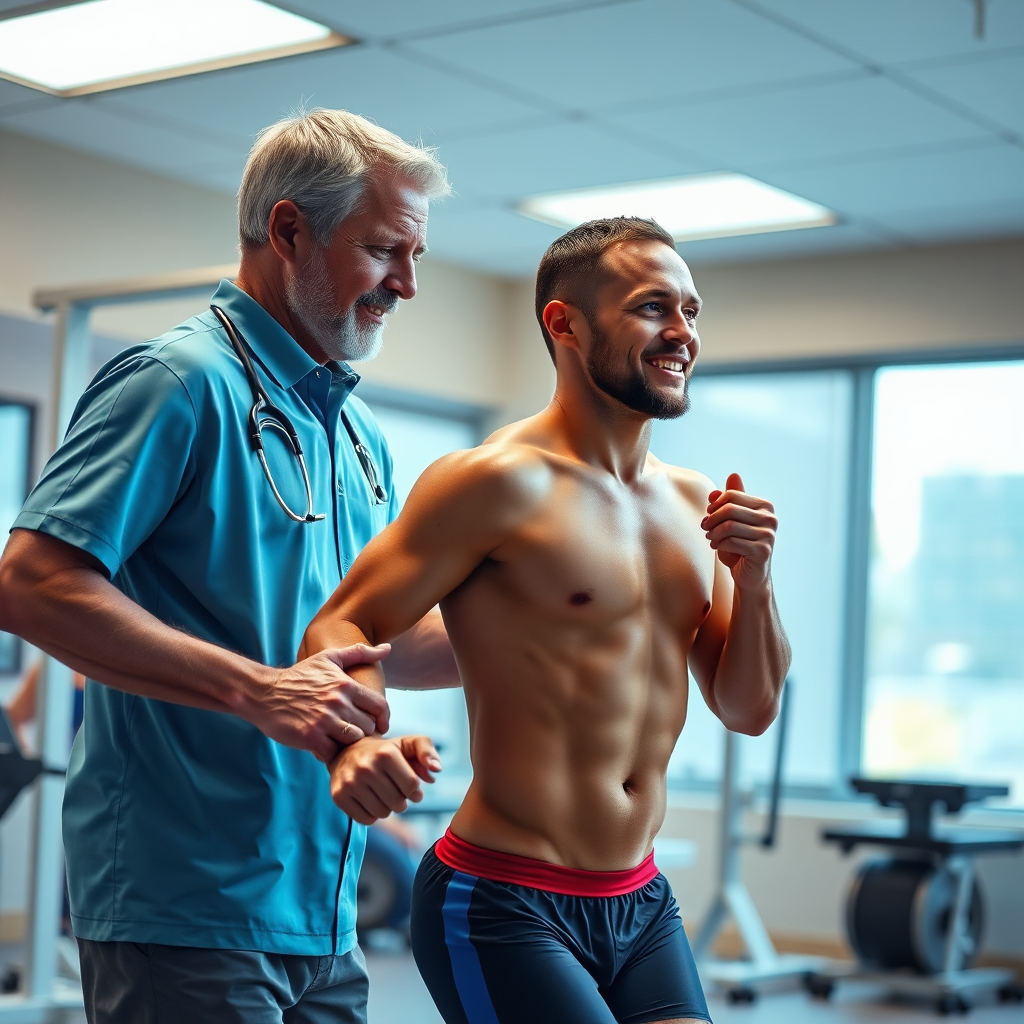 A photorealistic image depicting an athlete receiving sports medicine treatment from Dr. Truda. The setting is a sports rehabilitation center, with modern equipment and a supportive environment. The athlete should be in motion, demonstrating their recovery and progress. The lighting should be bright and motivating, creating a positive atmosphere. The color palette should include vibrant colors, reflecting energy and vitality. The camera angle should be dynamic, capturing the athlete's movement. The style should be realistic, aiming for a 4K resolution image that conveys hope.