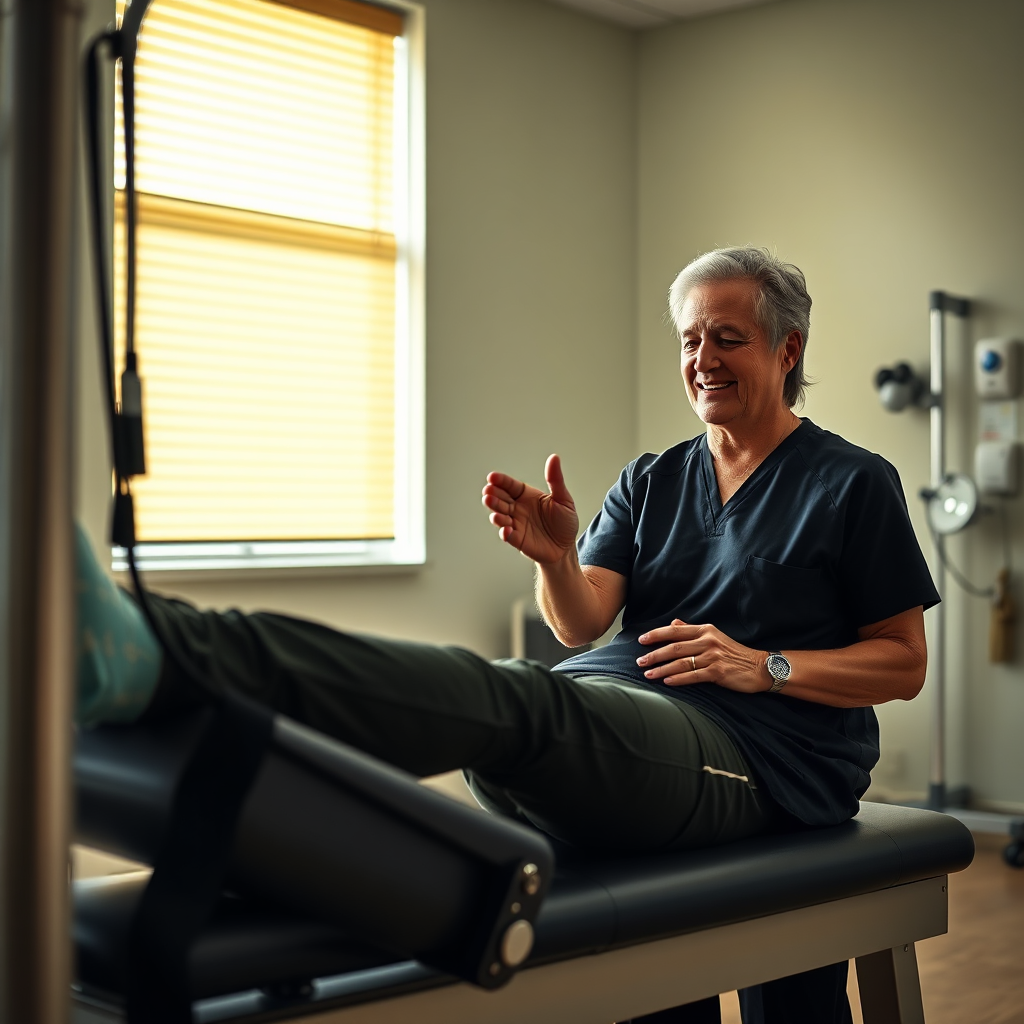 A photorealistic image depicting a physical therapist guiding a patient through rehabilitation exercises after orthopaedic surgery. The focus is on the patient's progress and the therapist's encouragement. The lighting should be warm and supportive, creating a positive atmosphere. The color palette should include soft, natural tones with accents of green and yellow. The camera angle should be at eye level, fostering a sense of connection. Textures should be detailed, highlighting the rehabilitation equipment and the human touch. The environment should feel motivating and focused on recovery. The style should be realistic, aiming for a 4K resolution image.