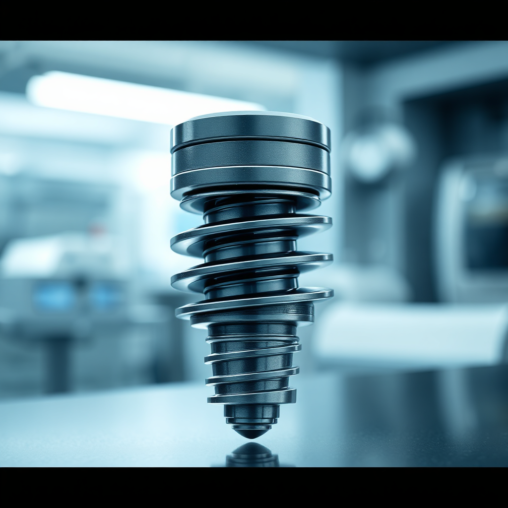 A photorealistic image showcasing a modern joint replacement implant. The focus is on the intricate design and advanced materials used in the implant. The background should be clean and sterile, highlighting the precision of the technology. The lighting should be bright and focused, emphasizing the details of the implant. The color palette should be metallic and clean, with accents of blue and gray. The camera angle should be close-up, showcasing the texture and craftsmanship of the implant. The environment should feel technologically advanced and sterile. The style should be photorealistic, aiming for a 4K resolution image that conveys innovation and precision.