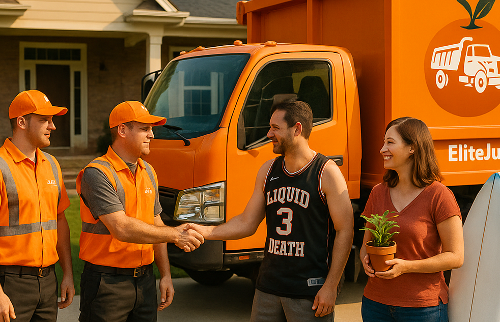A wide, photorealistic shot of a family happily watching an ELITE JUNK & HAULING truck drive away from their newly decluttered home. The house is a typical suburban home with a neatly manicured lawn. Sunlight filters through the trees, casting dappled shadows. The truck is clean, modern, and branded with the ELITE JUNK & HAULING logo. Several team members in branded uniforms are smiling and waving. Focus should be on the relief and happiness of the family. The color palette should be warm and inviting, with greens and blues dominating. Camera angle: slightly low, looking up at the truck to emphasize its size and capability. Style: hyperrealistic. Technical specs: 8K resolution, detailed textures, professional lighting.