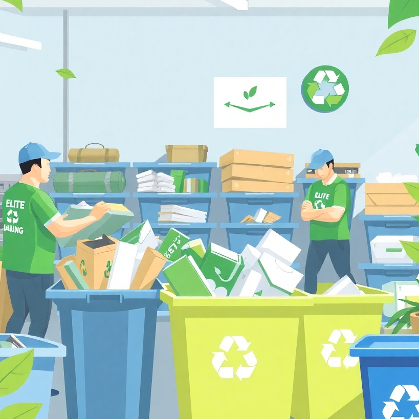  A stylized image depicting a recycling center, with ELITE JUNK & HAULING team members sorting items into appropriate bins. Highlight the sorting process and the commitment to recycling. Include visual elements representing sustainability, such as green leaves and recycling symbols. Lighting: bright and airy. Color palette: predominantly green and blue. Style: slightly stylized, emphasizing environmental responsibility.