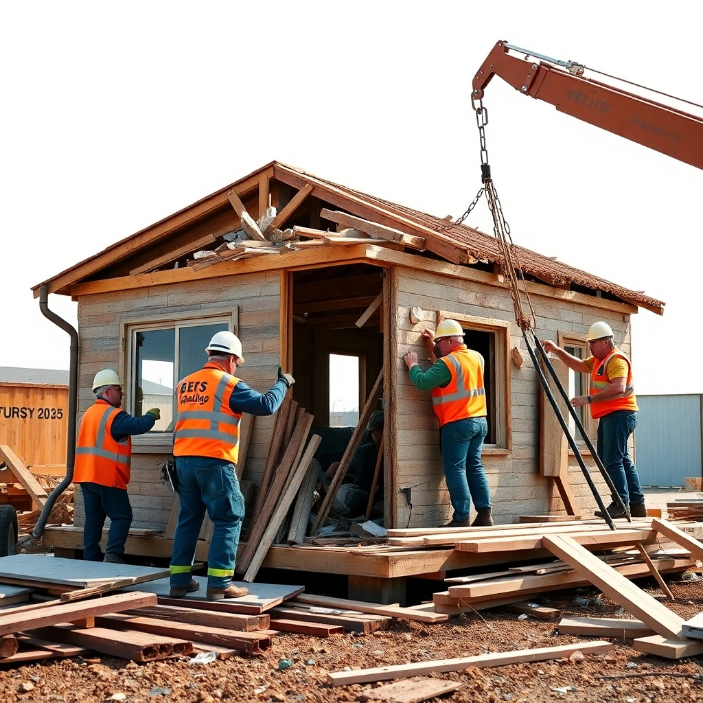 An ELITE JUNK & HAULING team carefully deconstructing a small building, with safety measures in place. The image should highlight the process of deconstruction and show the team working efficiently and safely. Lighting should be bright and emphasize the detail. The scene depicts careful dismantling and removal of materials. Style: Photorealistic.