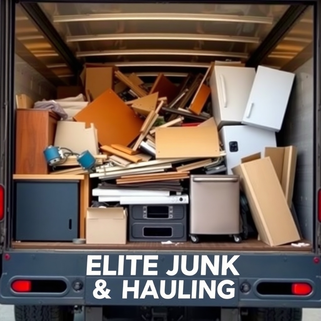 An ELITE JUNK & HAULING truck filled with various types of junk, such as furniture, appliances, and construction debris. The truck is clean and well-maintained, and the junk is neatly arranged. The image should convey the scope and versatility of the junk removal service. Lighting is bright and even. Style: photorealistic.