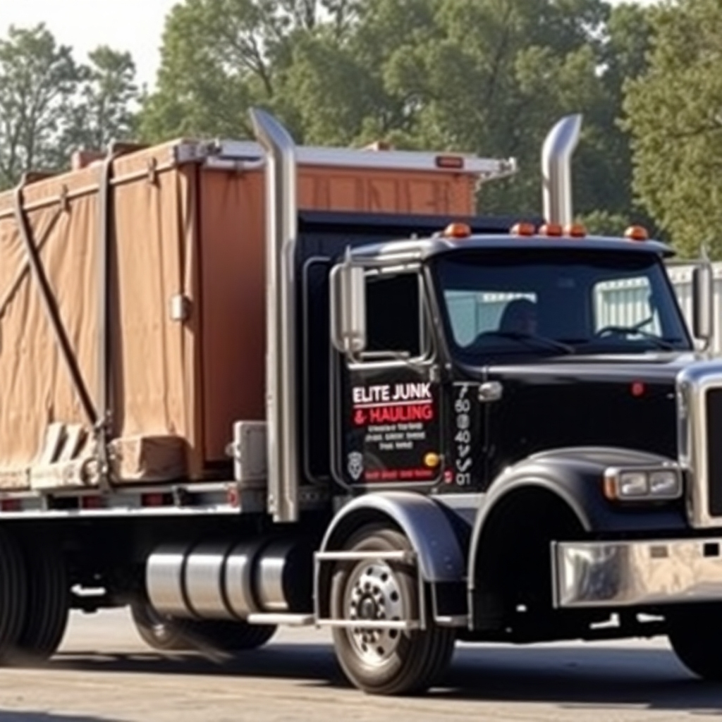 An ELITE JUNK & HAULING truck hauling away a large piece of equipment or building material. The load is securely strapped down, and the truck is driven by a professional driver. The image should convey the strength and reliability of the hauling service. Lighting: natural and dynamic. Style: photorealistic.