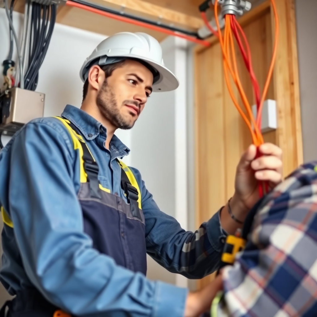 A high-quality image depicting an electrician performing electrical work in a professional, safe manner, highlighting their expertise and attention to detail.