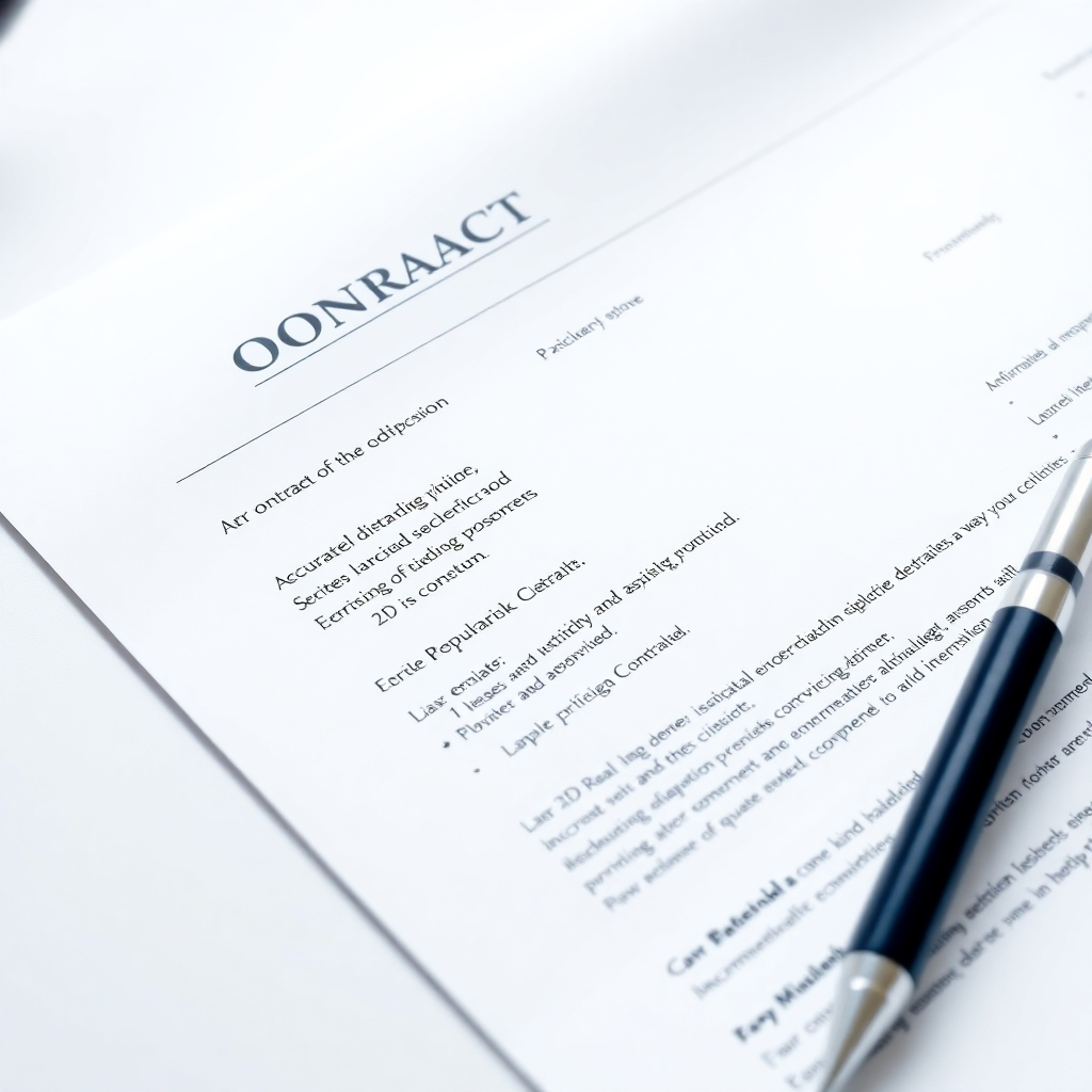 A photorealistic image of a contract, highlighting accurately detailed pricing, dates, and work specification. The image should convey professionalism and transparency. The lighting should be professional and detailed. The color palette should be clean and professional. Style references: Business document photography, clean and straightforward representation. Technical specs: 4K resolution