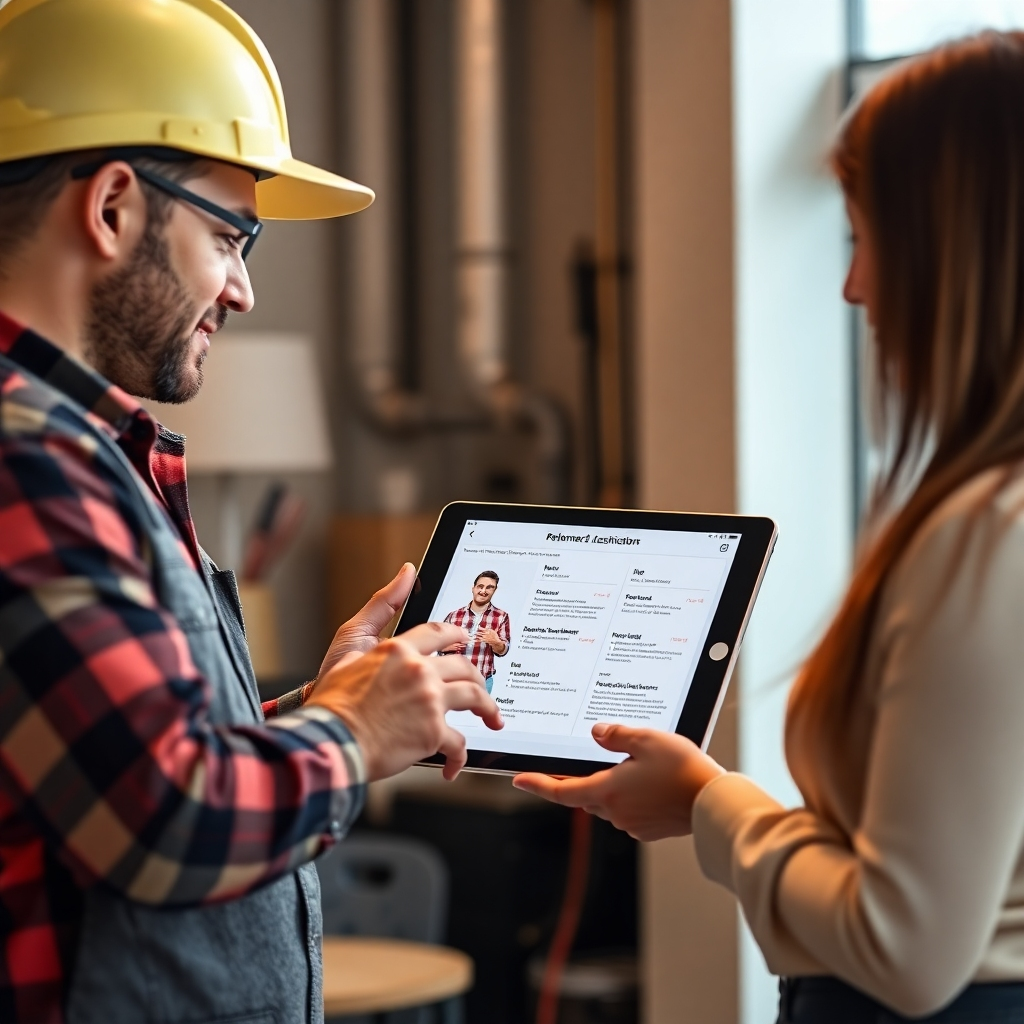 A photorealistic image of an electrician presenting a customer with tailored recommendations on a tablet screen. The image should convey professionalism and customer satisfaction. The lighting should be warm and inviting. The color palette should be friendly and professional. Style references: Modern business meetings; professional consultation. Technical specs: 4K resolution