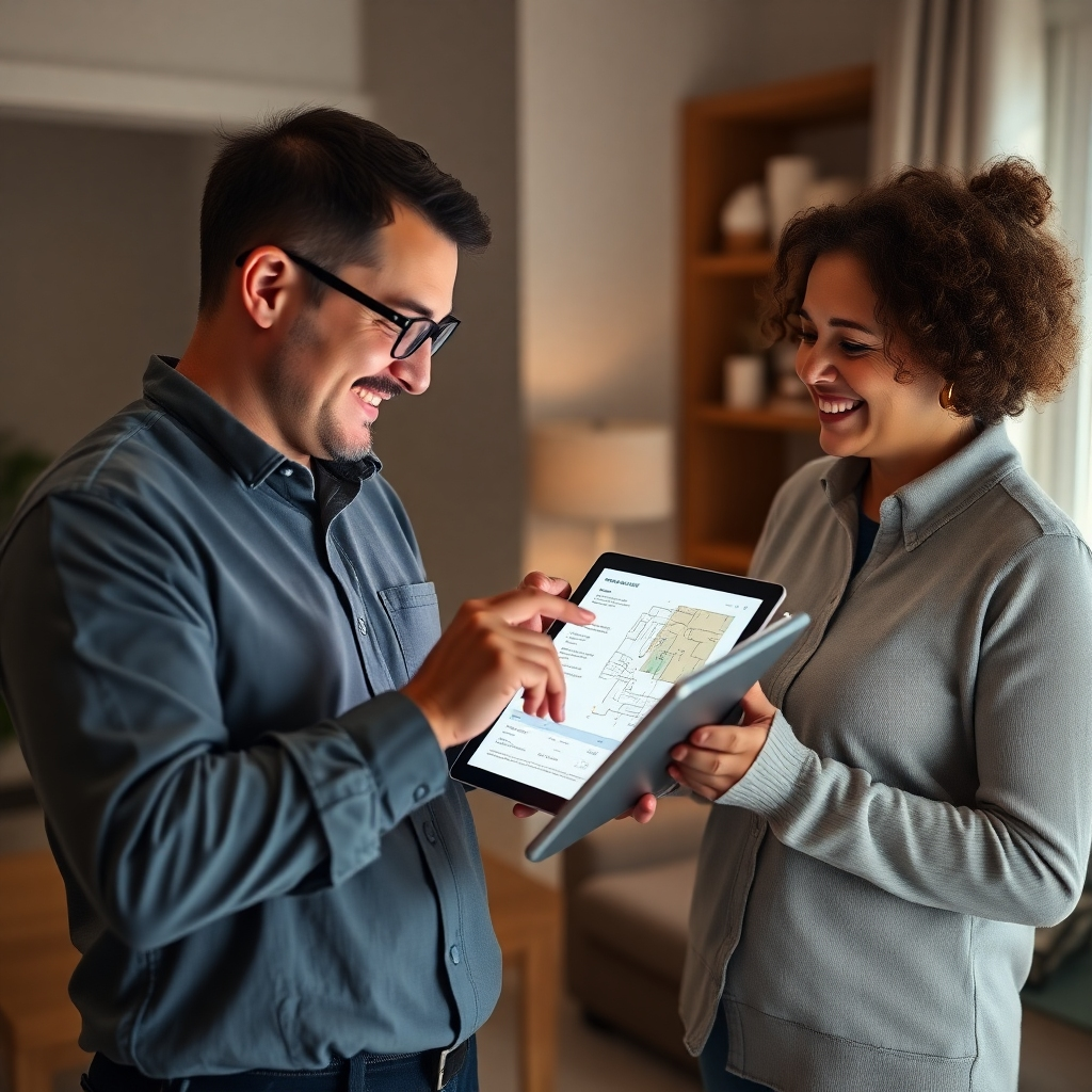 A photorealistic image of an electrician using a digital tablet to review the specifics of a customer's property. The image should emphasize the collaborative nature of the consultation, depicting the electrician engaging with a smiling customer. Use soft lighting, a slightly high-angle shot. The color palette should be warm and professional. The setting is an ordinary residential space, showing a friendly environment. Style references: Apple product photography, emphasizing simplicity and clarity. Technical specs: 4K resolution