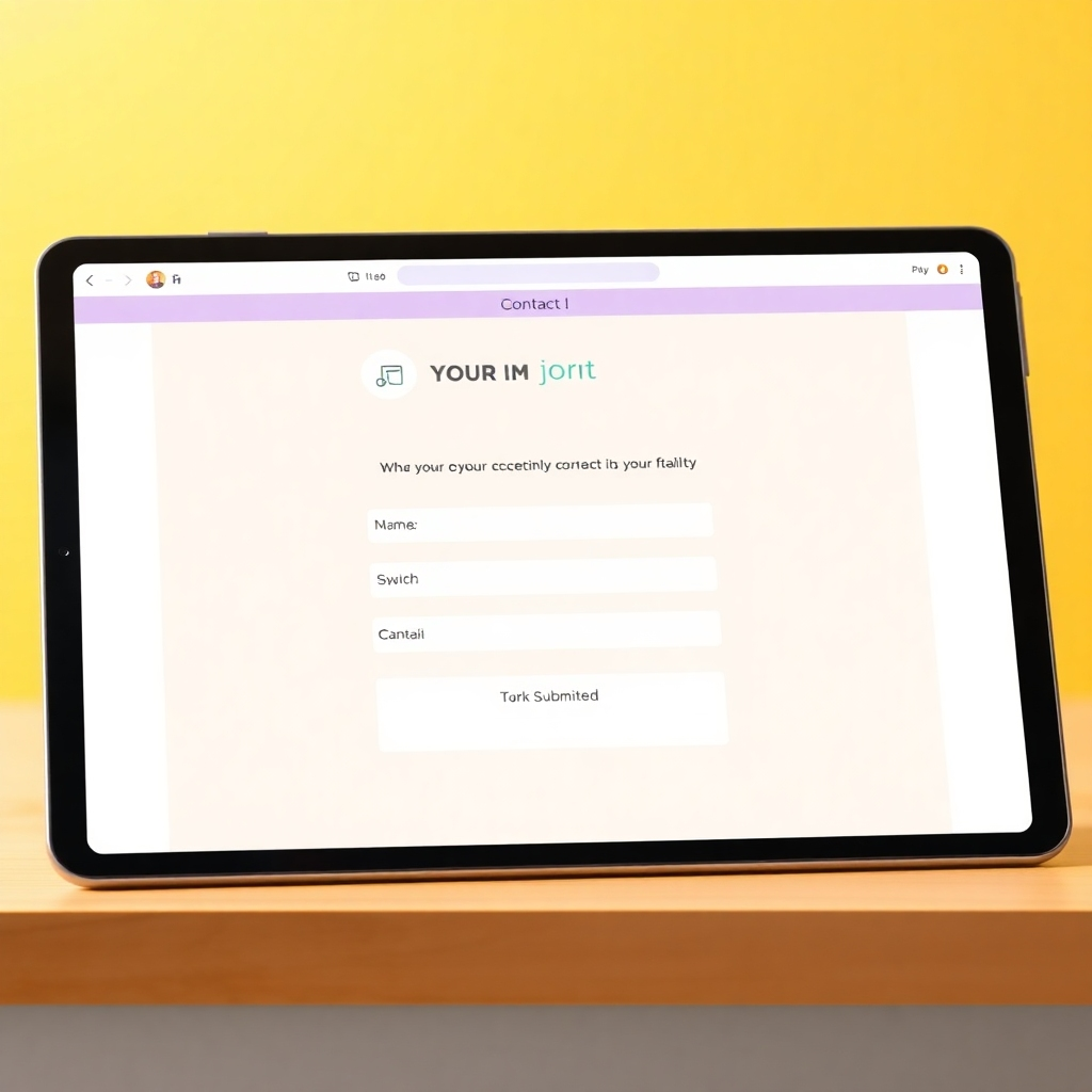 A photorealistic image showcasing a user-friendly contact form on a tablet screen, with the user successfully completing the form and the form submitted message displayed. The image should be bright, friendly, and approachable. The color palette should be in line with the website's design.  Style references: Clean website contact forms, focusing on ease of navigation.  Technical specs: 4K resolution
