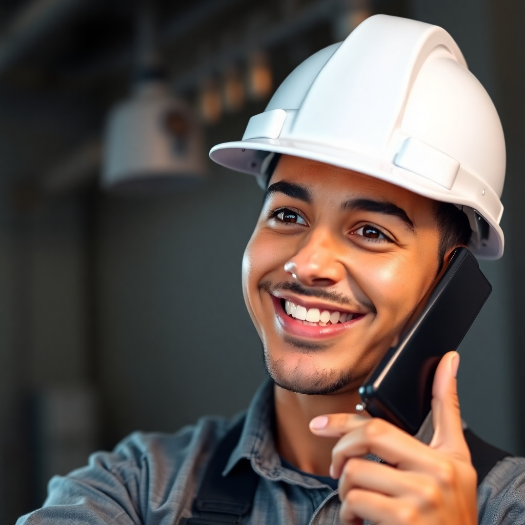 A photorealistic image showing a close-up of a friendly electrician answering a phone call. The electrician should be smiling and looking happy.  The lighting should be bright and welcoming.  The color palette should be professional. Style references: Corporate photography emphasizing professionalism and approachability.  Technical specs: 4K resolution