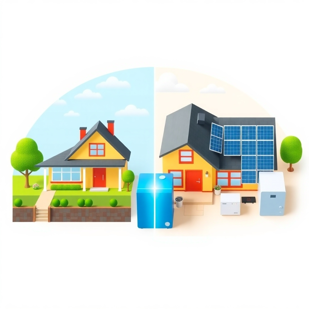 A stylized image, 4K resolution, showing a stylized split image: on one side, a traditional house with high electricity bills; on the other, the same house with solar panels, battery storage, and a significantly lower bill. Use vibrant, contrasting colors to highlight the difference. The style should be clean, modern, and easily understandable.  Show the before-and-after effect in a simple, impactful design, aiming for a clean and sophisticated aesthetic.  Include a subtle glow around the solar panels and battery to represent their efficiency.  Use a top-down camera angle to provide a comprehensive view of both situations. The overall palette should be bright and inviting, contrasting the 'before' and 'after' scenarios effectively.