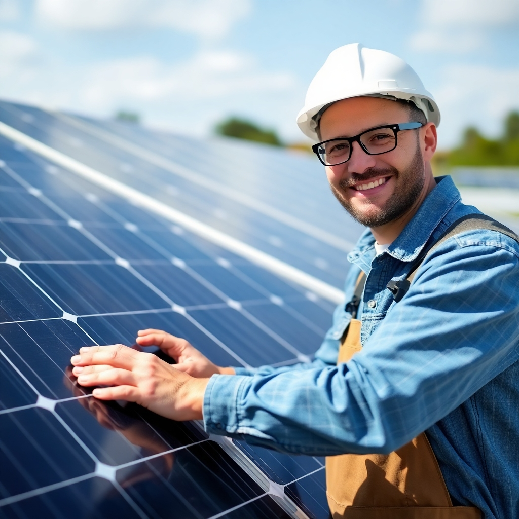 An image showing a technician performing routine maintenance on a solar panel, with a friendly and approachable demeanor.  Highlight the clean and professional appearance of the technician, and the care they take in their work.