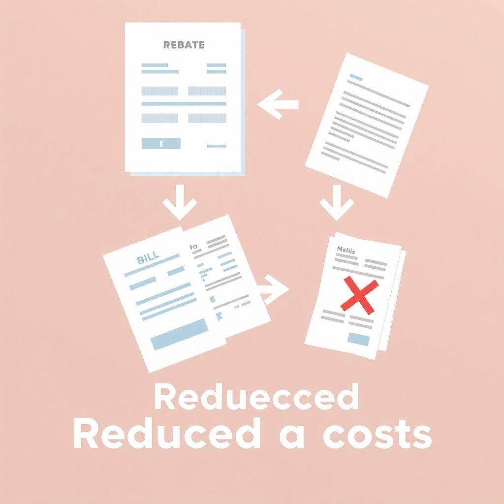 An image showing various financial documents, such as rebate forms and bills, with arrows indicating reduced costs. Use clean, legible fonts and colors to convey the message clearly.