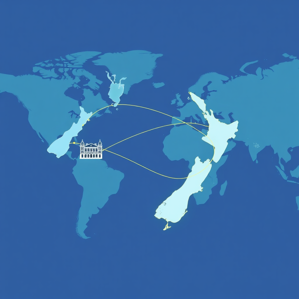 A 4K high-quality image that visually represents Castor Bay Property Management and its connection to New Zealand landlords investing in London properties. The scene shows a stylized map of the world, focusing on New Zealand and London. Connecting the two locations are stylized lines representing data flow, property management, and communication. Superimposed over the London area is a subtle outline of a classic London townhouse. Over New Zealand, there's a subtle kiwi bird icon. The overall color palette is professional and trustworthy, using blues, greens, and muted gold tones. The lighting is soft and even. The camera angle is a top-down view. Style reference: Infographic meets cartography. This image should project trust, connectivity, and expertise.