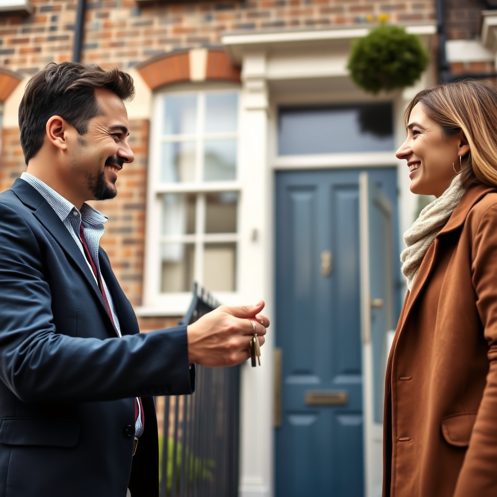 A photorealistic image depicting a friendly property manager handing keys to a smiling tenant in front of a London townhouse. The color palette is warm and inviting. The lighting is natural and welcoming. The camera angle is medium, focusing on the interaction between the manager and tenant.