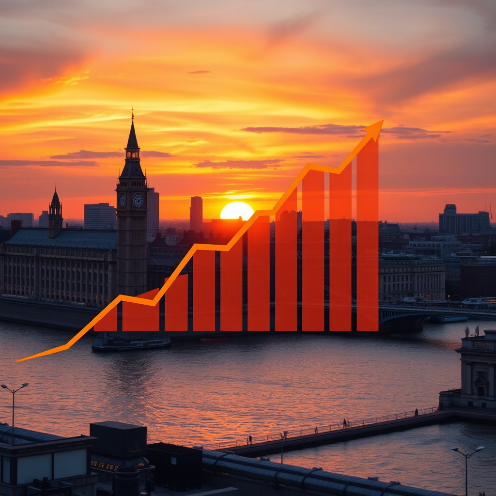 A photorealistic image depicting a graph trending upwards overlaid on a London skyline at sunset. The graph represents rental yield. The color palette is warm, using oranges and golds. The lighting is dramatic and optimistic, representing growth and prosperity. The camera angle is slightly high, providing a panoramic view. Style reference: Financial reporting graphics, sunset photography.