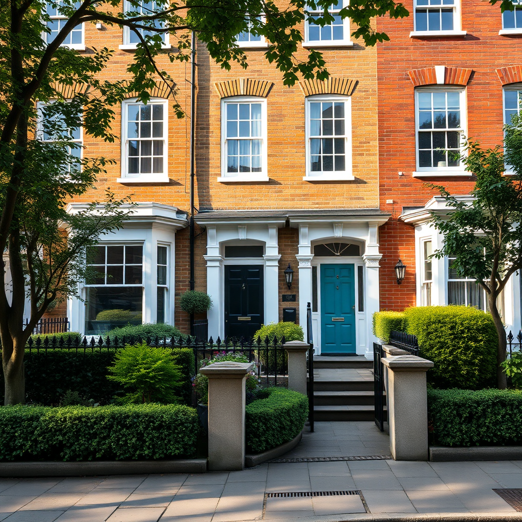 A photorealistic image showcasing a well-maintained London townhouse with manicured landscaping. The color palette is warm and inviting, with greens and browns dominating. The lighting is soft and natural, emphasizing the beauty of the property. The camera angle is slightly elevated, giving a broader view. Style reference: Real estate photography, architectural photography.