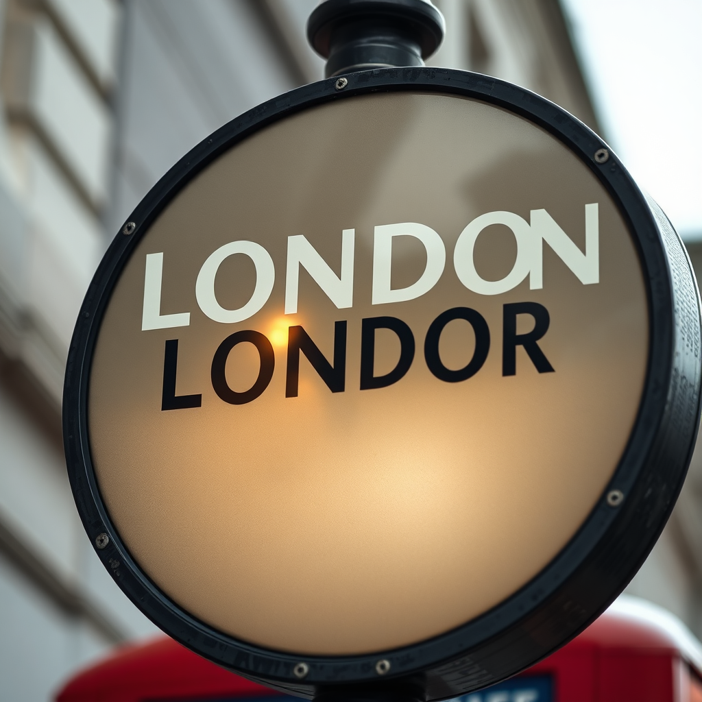 A photorealistic image showcasing a London street sign with the reflection of a globe in the sign's surface. The street sign should be in a classic London style. The color palette is realistic and muted, with hints of warmth. The lighting is natural and diffused, emphasizing the reflection. The camera angle is close-up, drawing attention to the detail. Style reference: Street photography, travel imagery.