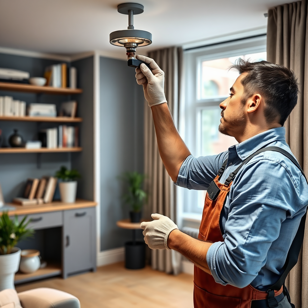 A photorealistic image showcasing a property maintenance worker efficiently repairing a fixture in a London apartment. The scene should depict professionalism and attention to detail. The color palette is clean and modern. The lighting is bright and focused.