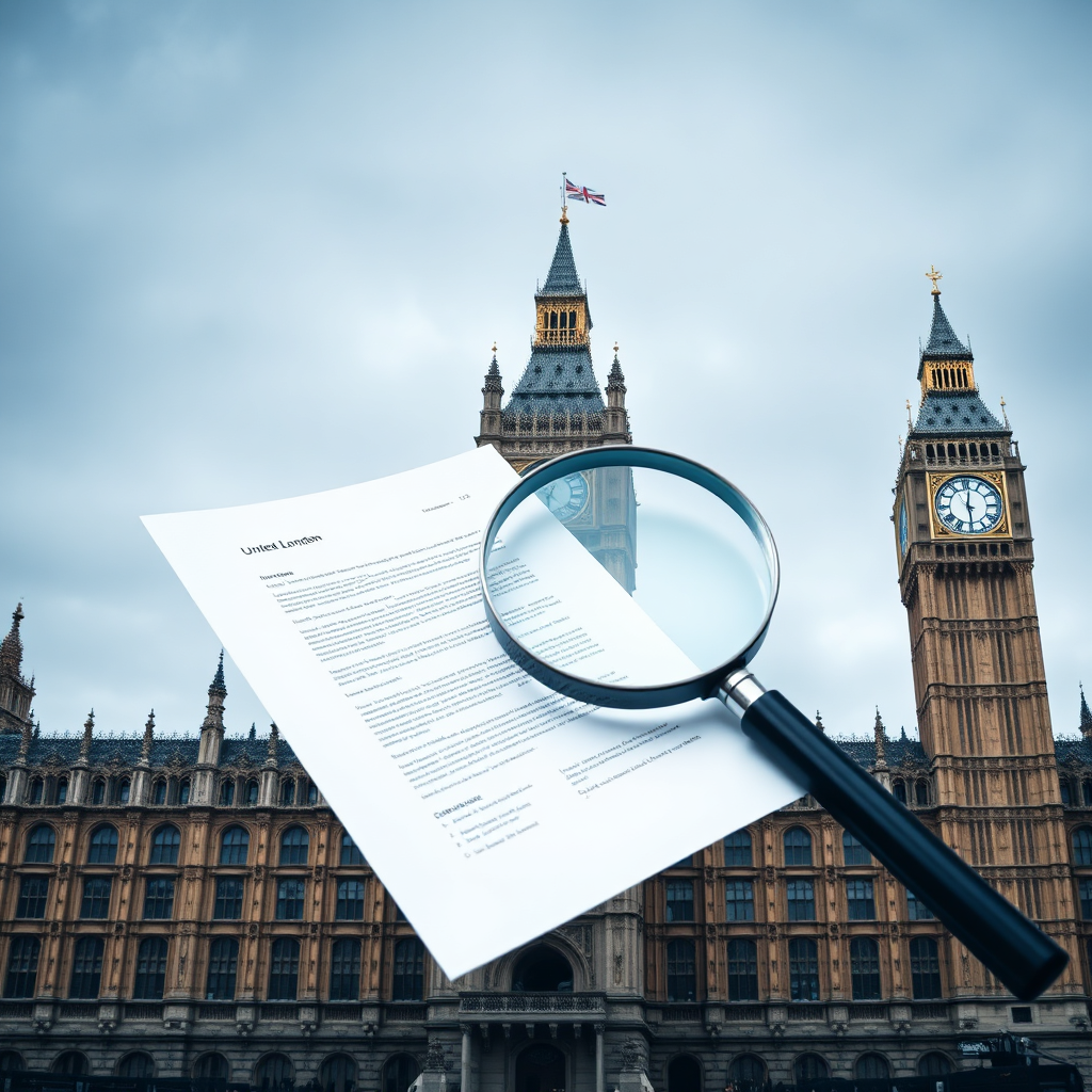 A photorealistic image showcasing the United Kingdom Parliament building subtly overlaid with legal documents and a magnifying glass. The color scheme is professional and authoritative, utilizing blues and grays. The lighting is diffused and even, representing transparency and clarity. The camera angle is slightly low, emphasizing the grandeur of the Parliament building while keeping the documents the focal point. Style reference: Law firm promotional material, high-quality stock photography.