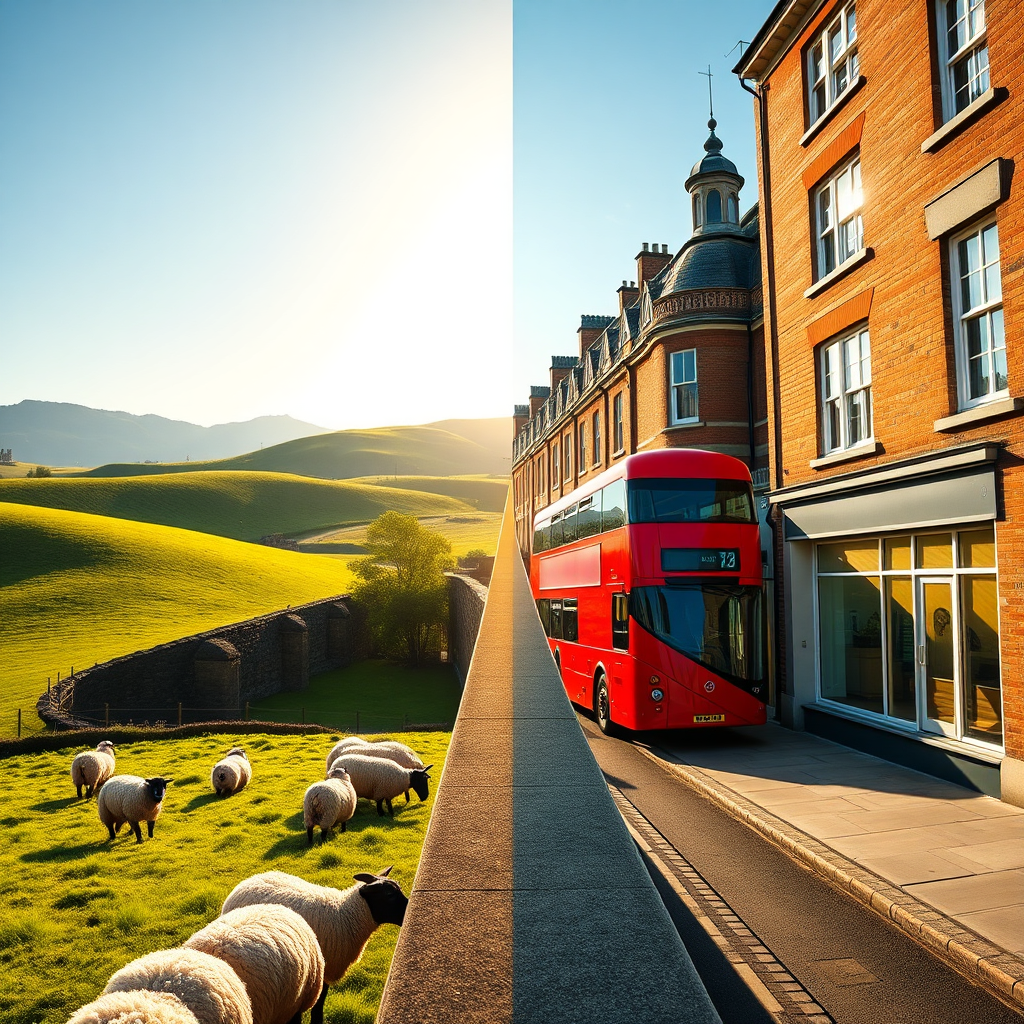 A photorealistic, ultra-high quality 8K resolution image representing Castor Bay Property Management. The scene depicts a split view: on the left, a sunny, green New Zealand landscape with rolling hills and grazing sheep, symbolizing the landlord's origin. On the right, a classic London street scene with Victorian architecture, a red double-decker bus, and subtle signs of modern city life, representing their London property. Connecting these two scenes is a translucent, shimmering bridge, symbolizing Castor Bay Property Management seamlessly connecting the two worlds. The lighting is warm and inviting, creating a sense of trust and reliability. Camera angle is slightly elevated, providing a panoramic view. Textures are highly detailed – the wool of the sheep, the brickwork of the buildings, the reflection on the bus windows. Style reference: emulate the clarity and detail of a Peter Lik landscape photograph but add a touch of modern architectural rendering to the London side. The image should evoke feelings of security, profitability, and expert management.