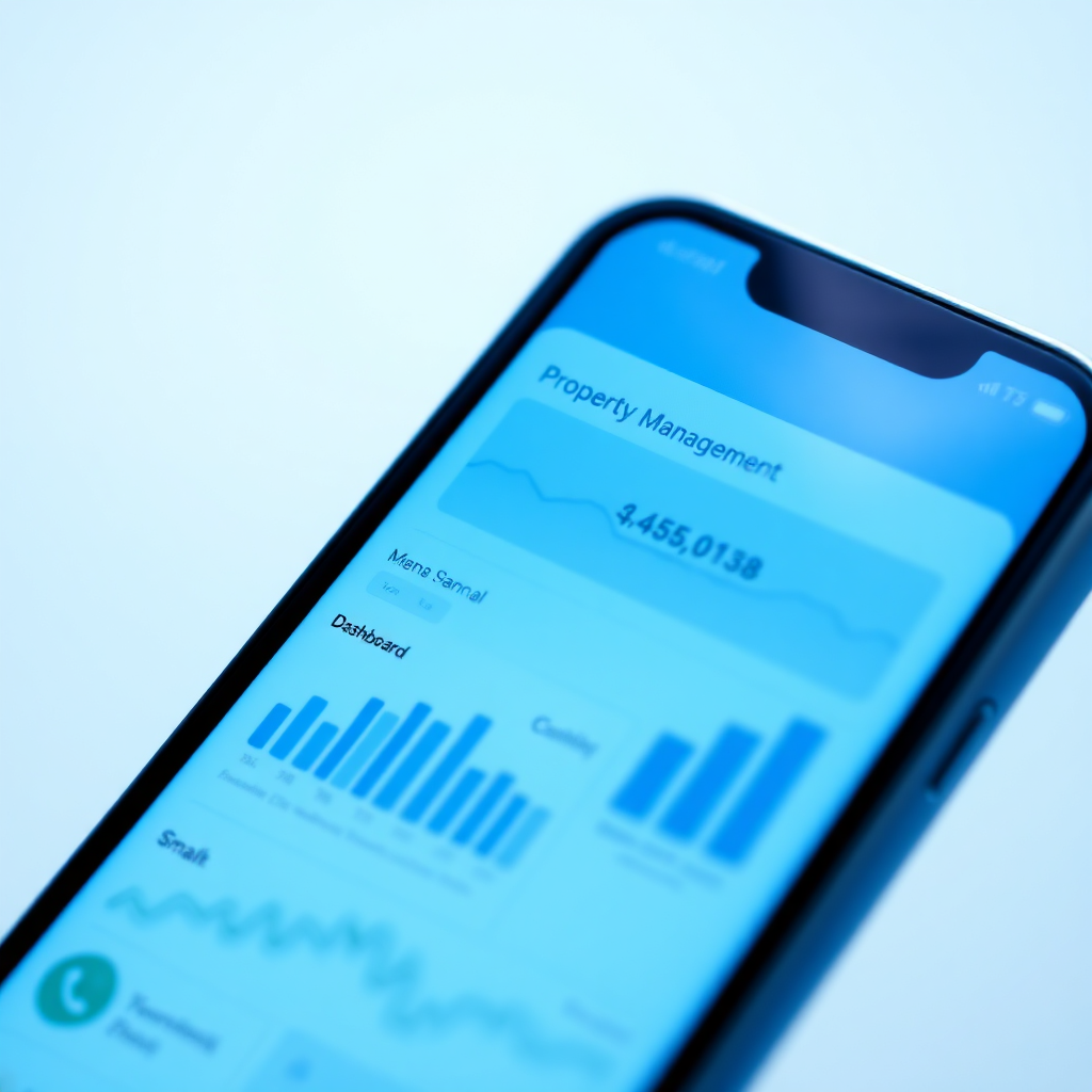 A stylized image showcasing a smartphone displaying a property management dashboard with clear graphs and data points. The color palette is bright and modern, with blues and greens. The lighting is clean and professional, emphasizing the clarity of the information. The camera angle is close-up, focusing on the screen. Style reference: Tech company marketing materials, app interface design.