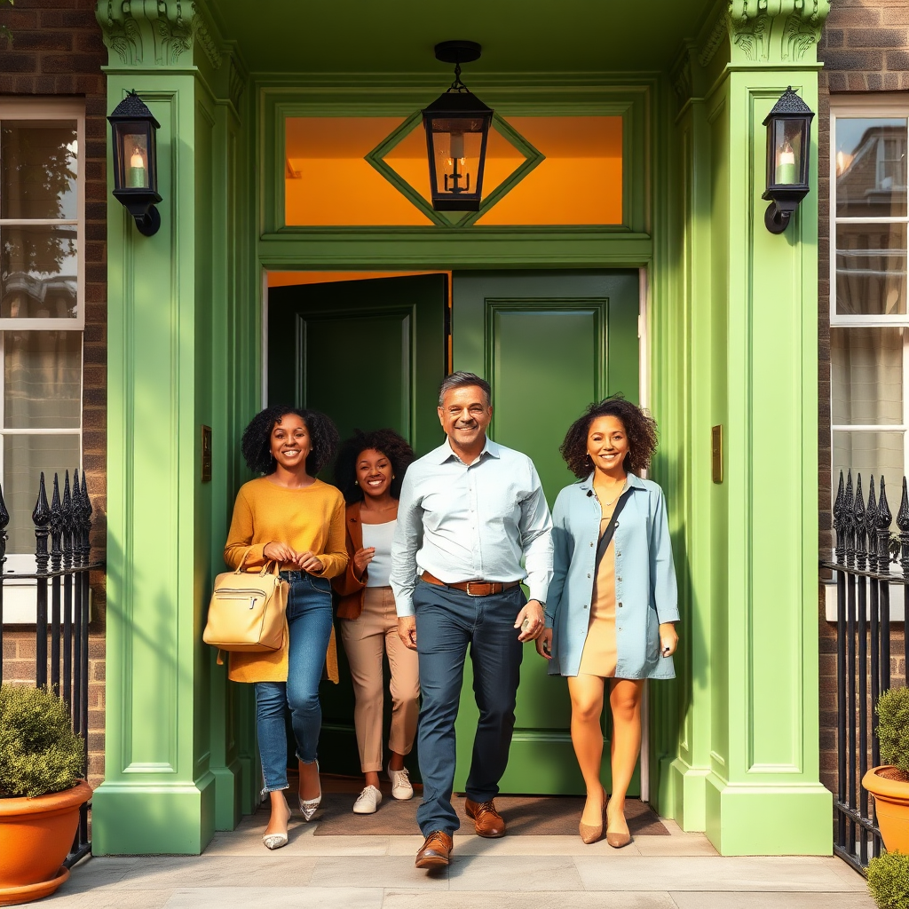 A stylized image showcasing diverse tenants happily entering a classic London townhouse. Each tenant represents a different demographic. The color palette is vibrant and inviting, using greens and yellows. The lighting is warm and natural, conveying a sense of welcome. The camera angle is eye-level, creating a sense of connection. Style reference: Modern, clean design with a focus on diversity and inclusion.