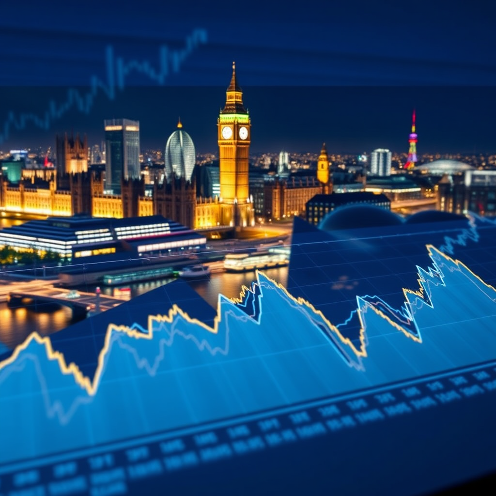 A stylized image showcasing financial charts and graphs overlaid on a London skyline at night. The color palette is professional and sophisticated, with blues and golds. The lighting is subtle and strategic, highlighting key data points. The camera angle is wide, providing a panoramic view. Style reference: Financial reporting graphics, cityscape photography.