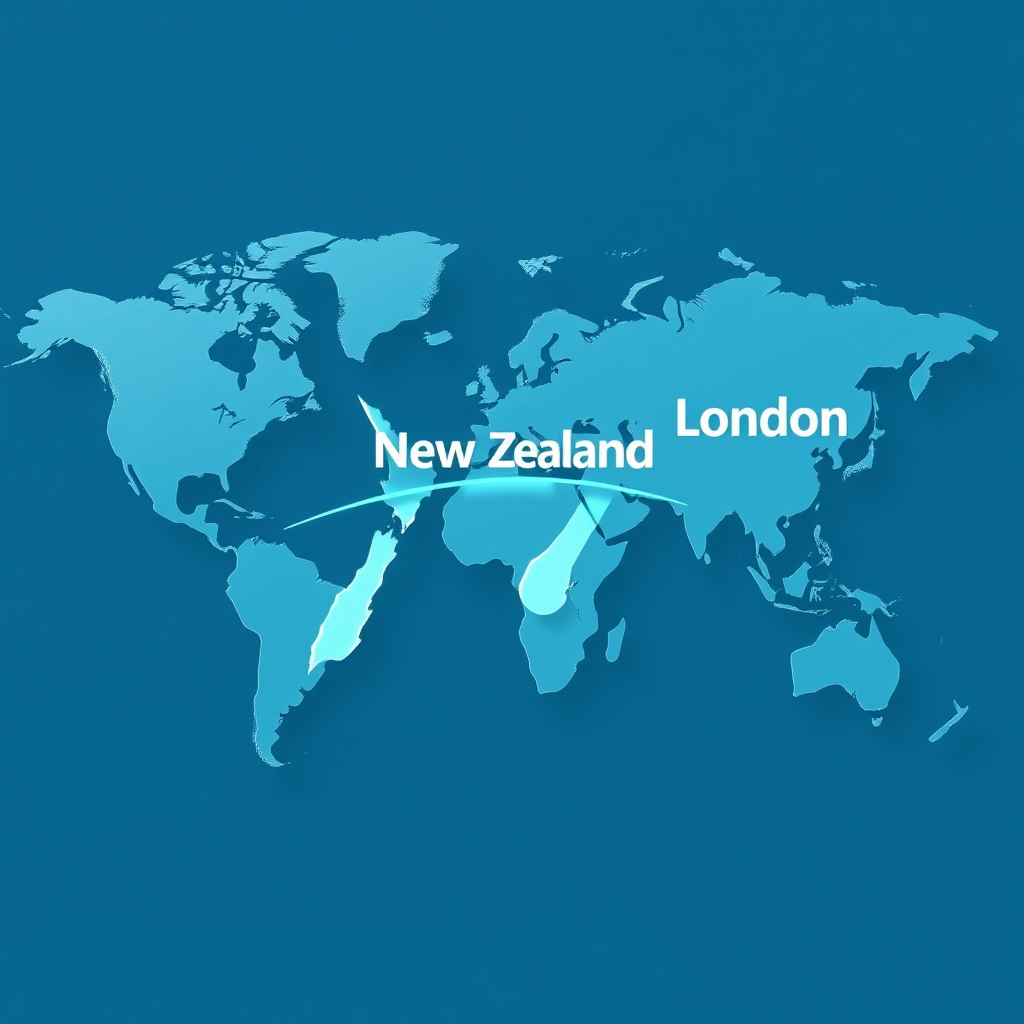 A stylized world map highlighting New Zealand and London, connected by a clear, digital bridge. The map is rendered in a modern, minimalist style with a cool color palette of blues and greens. The lighting is soft and even, emphasizing the connection between the two locations. The camera angle is top-down, giving a global perspective. Style reference: Modern infographic design.