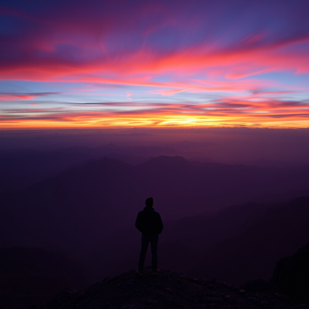  A breathtaking image of a sunset over a vast landscape, such as mountains or the ocean. The colors should be vibrant and awe-inspiring. Include a silhouette of a person standing in awe of the scene to convey a sense of wonder and connection. Style: landscape photography, awe-inspiring, vibrant colors. Technical specs: 4K resolution, high detail.