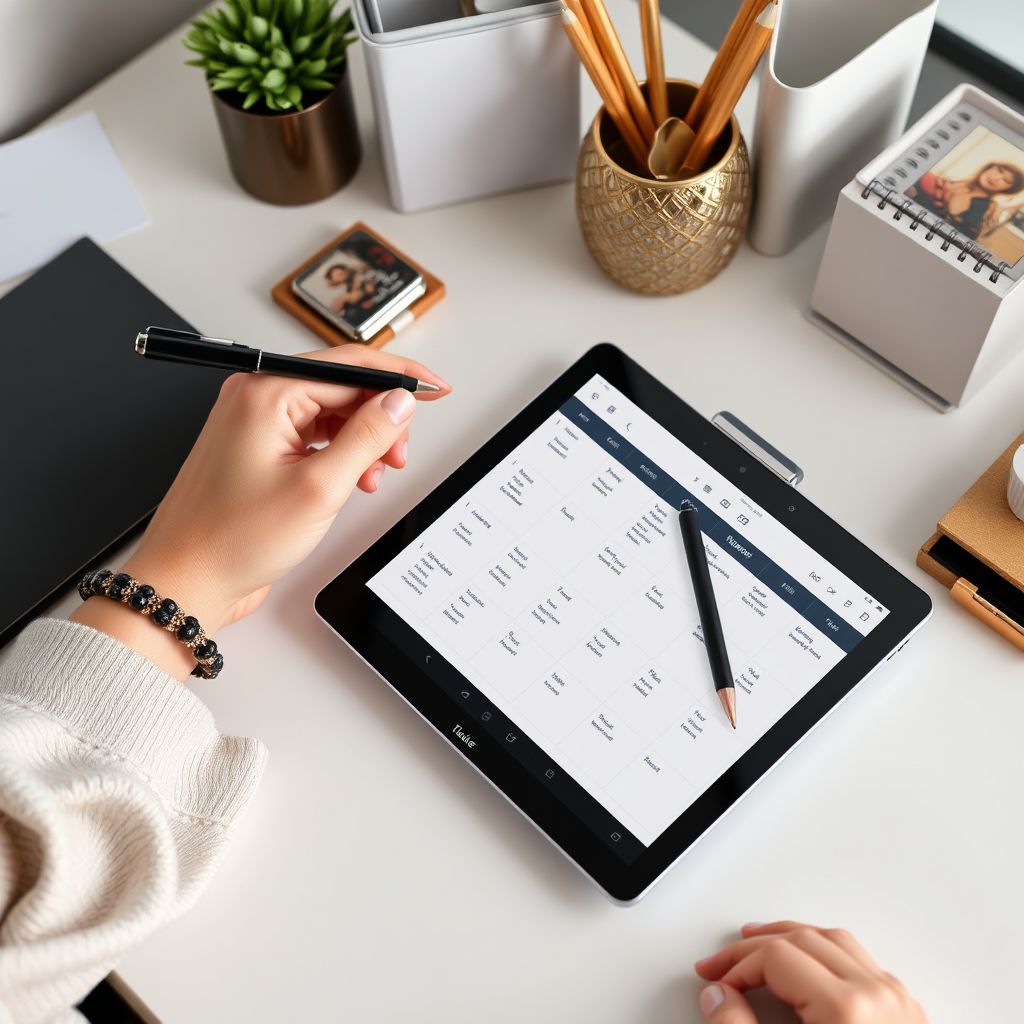 A person creating a digital schedule or plan using a stylish tablet and pen, surrounded by organizing tools and inspirational elements, set on a clean, modern desk. Showcase personalization and empowerment.