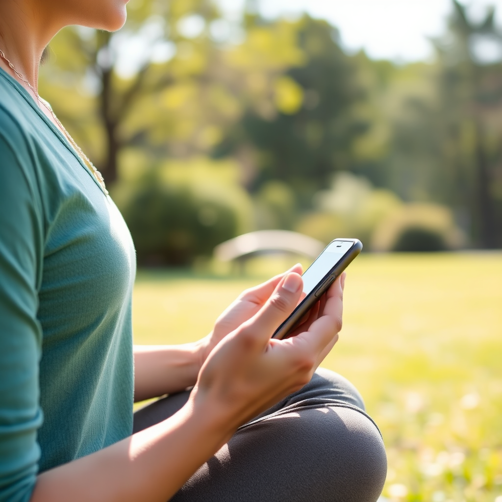 A person practicing mindfulness or meditation outdoors, with their smartphone placed aside, in a peaceful setting. Showcase serenity and the benefits of a break from screens.