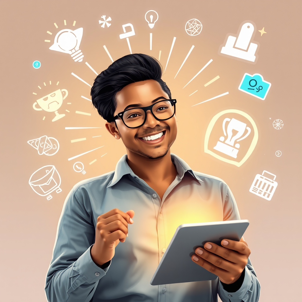 A person radiating confidence while using technology purposefully, surrounded by symbols of creativity and innovation. Emphasize empowerment and positive interaction.