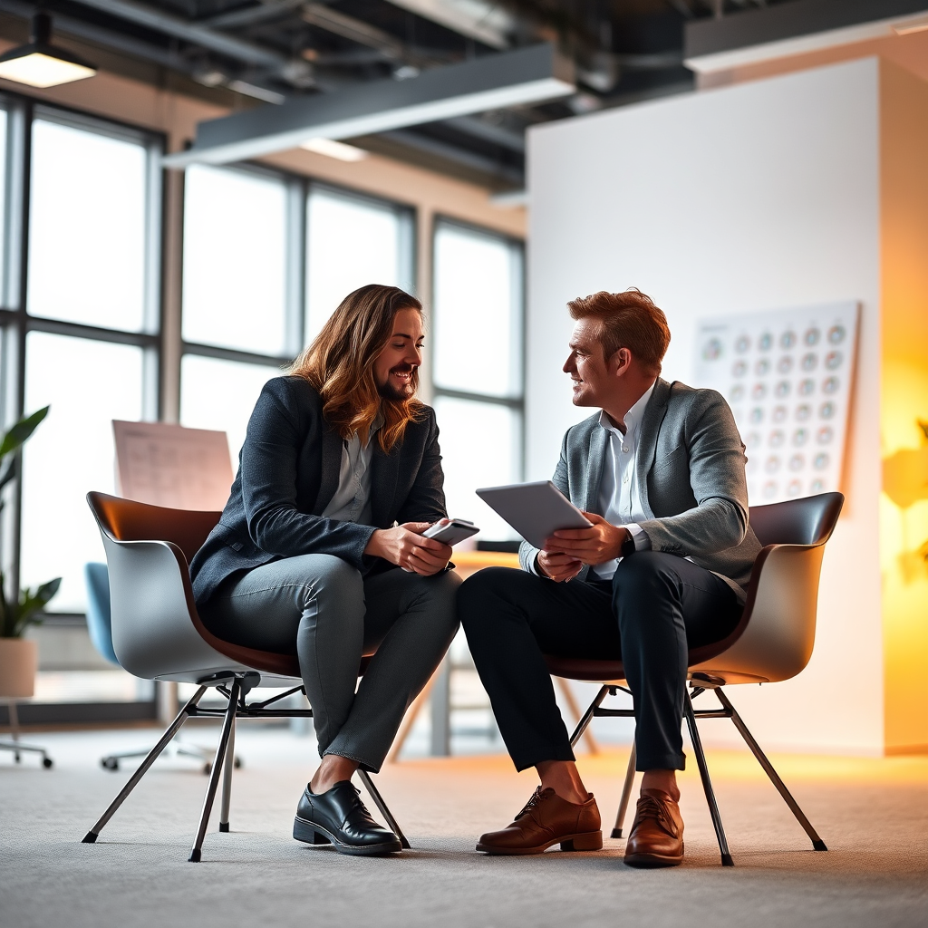 A photograph showcasing a coach and client in a bright, modern office space, engaged in a focused and supportive conversation. The atmosphere should be collaborative and encouraging, with visual cues of goal-setting tools like whiteboards or digital planning apps subtly displayed. Lighting should be warm and inviting, highlighting the connection between the individuals. Style: Corporate/Lifestyle, focusing on trust and partnership. Technical specs: 4K resolution, professional studio quality.