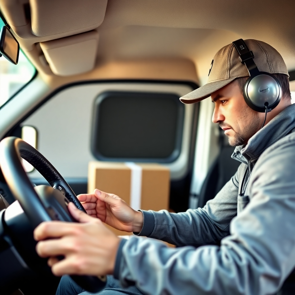 A photorealistic image depicting a skilled NovTaxi driver expertly handling cargo.  The image should be brightly lit and showcase the driver's focus and professionalism. The color scheme is neutral and trustworthy. The camera angle should focus on the driver's hands and the care taken with the cargo. The texture of the cargo and van interior are important.