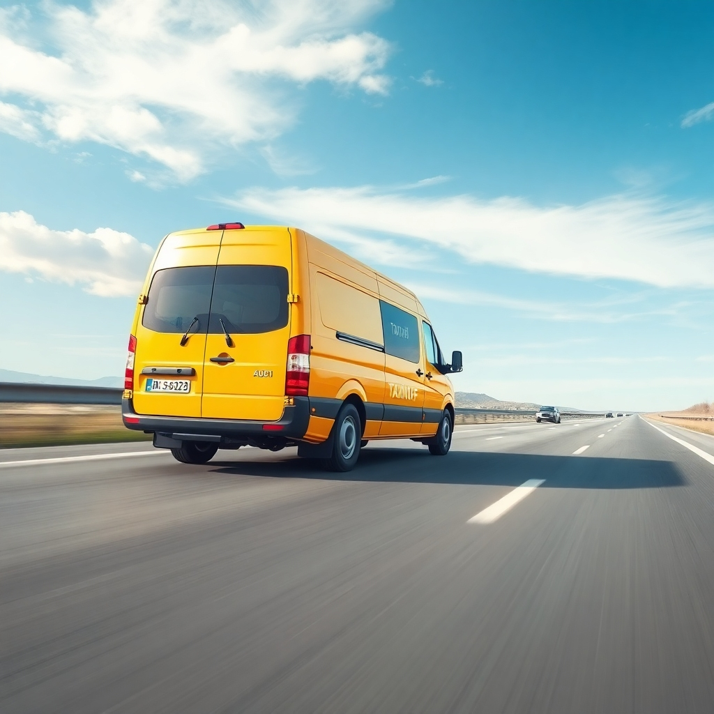 A photorealistic image depicting a TaxiNoff cargo van on a long highway journey, showcasing its speed and reliability. Use a clear sky, open road, and a sense of vastness.  The image should convey a sense of distance covered and reliability. The lighting should be bright, reflecting the open road and distance. High quality, 4K resolution.